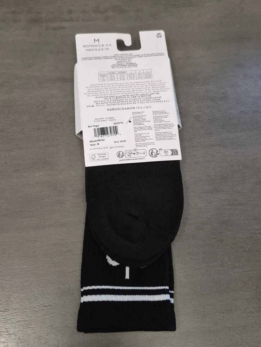 ALO Throwback Sock Unisex Black & White Medium Full Length Athletic Socks Yoga